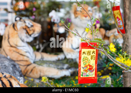 Le nouvel an chinois. Décorations accrochées sur un arbre jaune pour la bonne chance et de la fortune. Banque D'Images