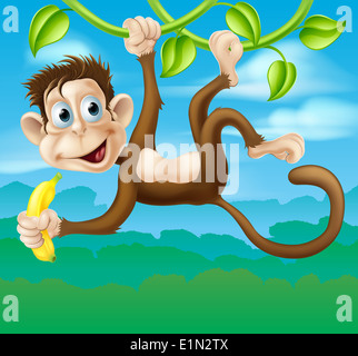 Une illustration d'un dessin de singe dans la jungle se balançant sur une vigne tenant une banane Banque D'Images