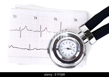 Cardiogramme stéthoscope, isolé sur fond blanc Banque D'Images