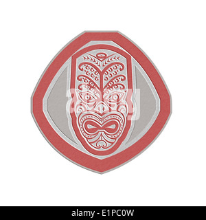 Illustration de style métallique un masque traditionnel maori face vers l'avant à l'intérieur set shield fait dans le style rétro sur bac isolé Banque D'Images
