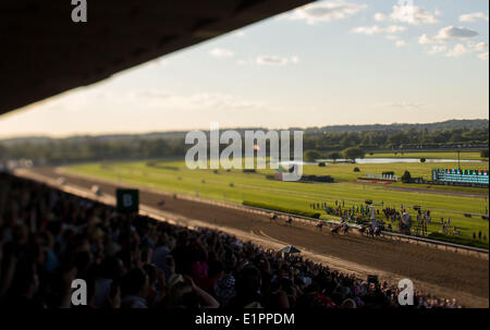 Elmont, NY, USA. 7 juin, 2014. Cheval de course Tonalist, monté par jockey Joel Rosario, remporte la 146e exécution de la Belmont Stakes, à Belmont Park à Elmont, NY, le 7 juin 2014. Le favori, California Chrome n'a pas réussi à remporter la triple couronne comme il a terminé la course 4ème. (Photo par Ting Shen/NurPhoto) © Ting Shen/NurPhoto ZUMAPRESS.com/Alamy/Live News Banque D'Images