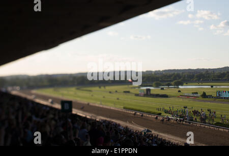 Elmont, NY, USA. 7 juin, 2014. Cheval de course Tonalist, monté par jockey Joel Rosario, remporte la 146e exécution de la Belmont Stakes, à Belmont Park à Elmont, NY, le 7 juin 2014. Le favori, California Chrome n'a pas réussi à remporter la triple couronne comme il a terminé la course 4ème. (Photo par Ting Shen/NurPhoto) © Ting Shen/NurPhoto ZUMAPRESS.com/Alamy/Live News Banque D'Images