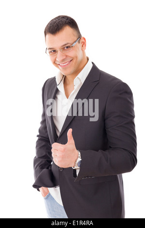 Jeune homme d'affaires réussi avec des lunettes showing Thumbs up Banque D'Images