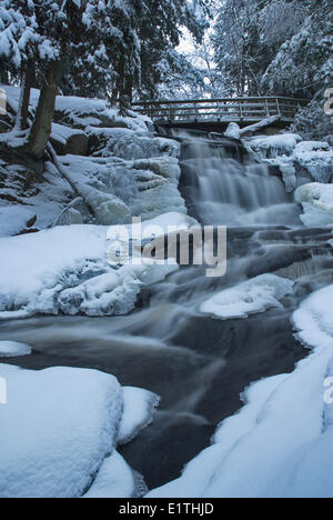 Peu de High Falls et passerelle pour piétons en hiver près de Bracebridge, Ontario Banque D'Images