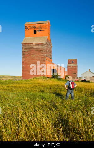 Vieux grain elevators , ville fantôme de Neidpath, Saskatchewan, Canada Banque D'Images