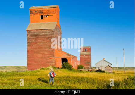 Vieux grain elevators , ville fantôme de Neidpath, Saskatchewan, Canada Banque D'Images