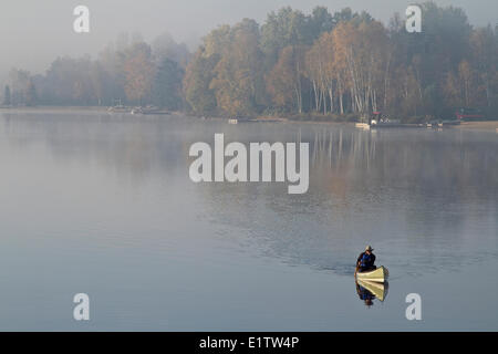 Pagaies canoe solo homme on Oxtongue Lake, Muskoka, Ontario. Banque D'Images