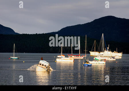 Un propriétaire de bateau attend anxieusement sur son bateau couler alors qu'il pompe l'eau hors de son emprise dans la région de Cowichan Bay, BC. Banque D'Images