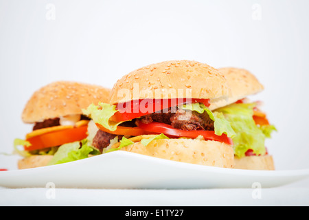 Gros hamburgers faits maison lay on white plate Banque D'Images