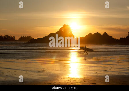 Un internaute porte son surfboard at Cox Bay au coucher du soleil près de Tofino, Colombie-Britannique Canada sur l'île de Vancouver et dans le détroit de Clayoquot Banque D'Images