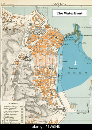 Cette carte d'Alger de 1888 met en évidence la zone riveraine, mettant en valeur son infrastructure et son aménagement à la fin du XIXe siècle. La carte fournit un aperçu précieux du développement urbain et des activités maritimes de la période. Banque D'Images