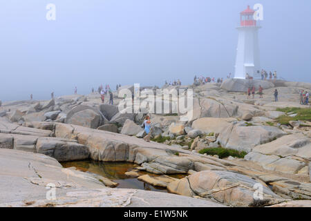 Phare et côte rocheuse dans le brouillard Banque D'Images