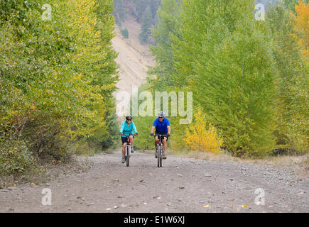 Les cyclistes de montagne profitez de la couleur à l'automne le long du sentier KVR près de Coalmont dans la région de Similkameen de la Colombie-Britannique, Canada Banque D'Images