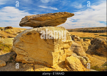 Cheminées dans badlands (Site du patrimoine mondial de l'UNESCO), Writing-on-Stone Provincial Park, Alberta, Canada Banque D'Images