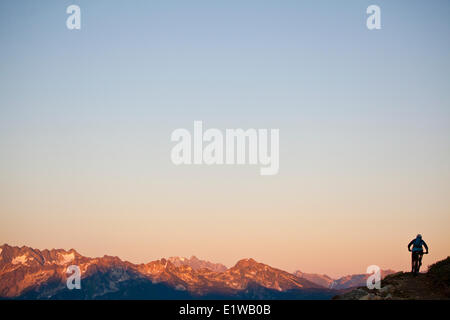 Un homme en vélo de montagne le flowy, high alpine Frisby Ridge trail. Revelstoke, BC Banque D'Images