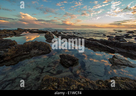 Coucher du soleil à Crystal Cove State Park, près d'Irvine, en Californie. Les nuages se reflètent dans un bassin de marée. Banque D'Images