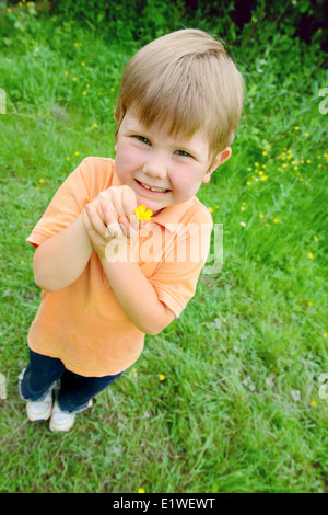 Smiling little boy offrant une fleur jaune dans un champ vert Banque D'Images