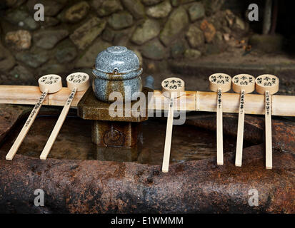 Bbefore priant à une divinité shinto un rituel implique de prendre une laddle le remplir d'eau de rinçage de la fontaine les deux mains. Banque D'Images