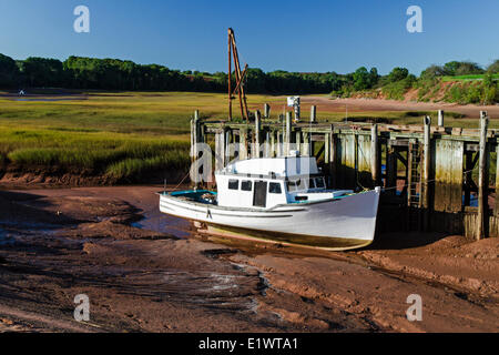 Bateau de pêche échoué sur la vase à marée basse dans le bassin Minas. Baie de Fundy. Delhaven, en Nouvelle-Écosse. Le Canada. Banque D'Images