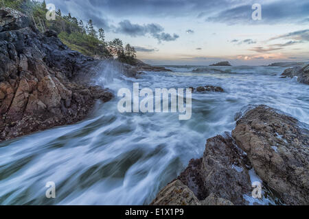 L'aube sur Crystal Cove Tofino quand la marée monte à couvrir les rochers de grosses vagues s'écraser sur le rivage Vancouver Banque D'Images