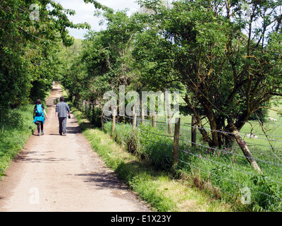 Les promeneurs sur le sentier Cotswold Way près de Broadway, Worcestershire, Angleterre. Banque D'Images