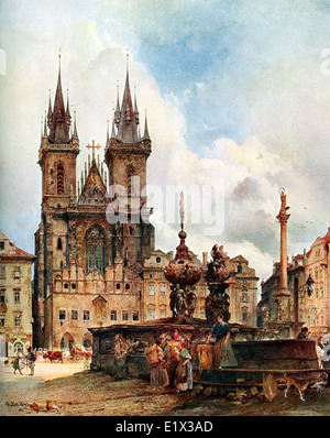 Staromestske Namesti et l'église Notre Dame Avant Tyn à Prague, vieux travaux de peinture d'art, lithographie, lithographie Banque D'Images