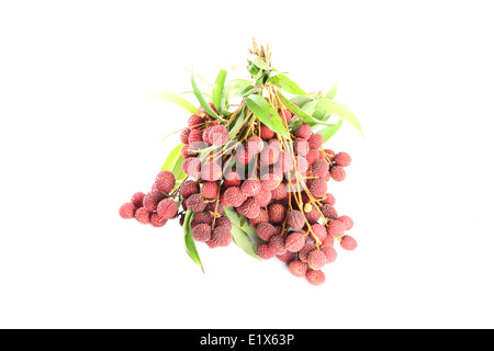 Bande de litchis frais sur fond blanc. Banque D'Images