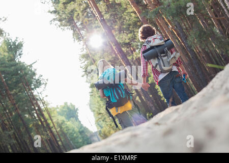 Vue arrière de la randonnée couple holding hands en marchant dans la forêt Banque D'Images