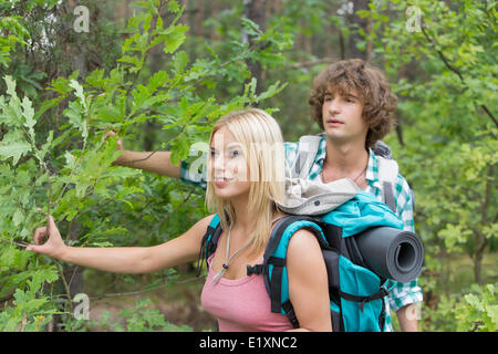 Jeune couple hiking in forest Banque D'Images