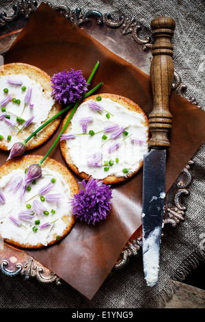 Les craquelins avec du fromage à la crème et ciboulette fraîche Banque D'Images