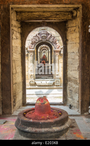 Katmandou, Népal. Une vue vers le bas l'archi-façons dans le sanctuaire de noblesse de Pashupatinath. Banque D'Images