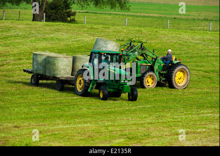 Farmer Chargement des bobines de foin en balles rondes sur un tracteur avec remorque à plateau Banque D'Images