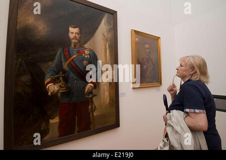 Zagreb. 12 Juin, 2014. Un visiteur regarde une peinture lors d'une exposition marquant le 100e anniversaire du début de la Première Guerre mondiale, au Musée de l'histoire croate à Zagreb le 12 juin 2014. © Lisanin Miso/Xinhua/Alamy Live News Banque D'Images