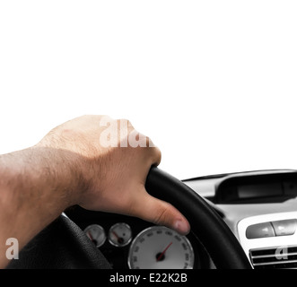 Close-up of a male main sur le volant dans une voiture moderne Banque D'Images