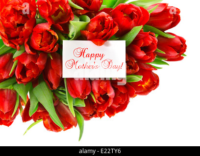 Tulipes rouges avec du papier blanc avec l'exemple de texte de carte Happy Mother's Day ! Fleurs de printemps frais Banque D'Images