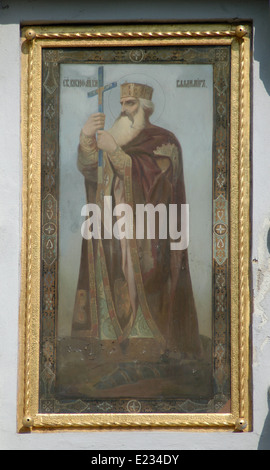 Saint Vladimir le Grand. Une icône sur la façade de l'Église orthodoxe de Saint Olga à Frantiskovy Lazne, République tchèque. Banque D'Images