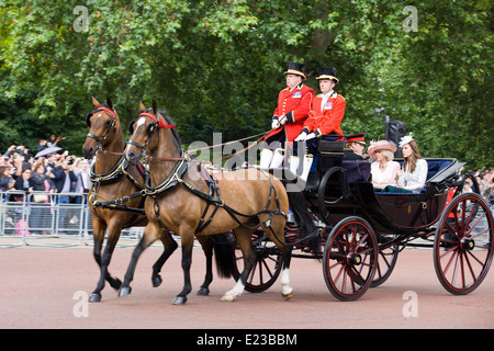 Le prince Harry duchesse de Cornouailles et la duchesse de Cambridge voyager par transport sur le mall pour la parade du London couleur Banque D'Images