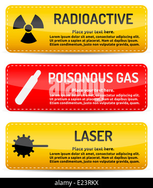 Les gaz toxiques, radioactifs, signe d'avertissement de danger laser modèle avec ombre sur fond blanc pour le texte. Banque D'Images