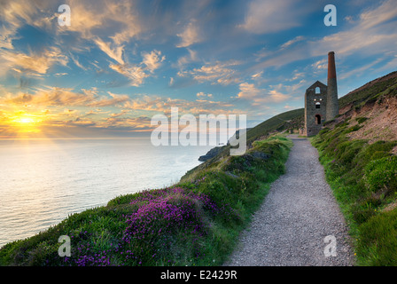 L'emblématique ruines de la papule Coates perchée sur les falaises du moteur sur la côte de Cornwall à St Agnes Banque D'Images