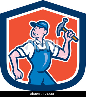 Illustration d'un Charpentier constructeur construction worker holding hammer situé à l''intérieur de la crête du bouclier fait en style cartoon. Banque D'Images