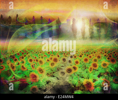 Go - LEICESTERSHIRE : champ de tournesol à Breedon sur la colline (Art numérique) Banque D'Images