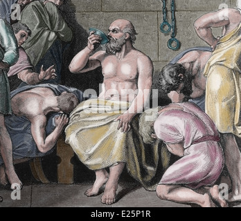La mort de Socrate (469 BC-399 BC) en buvant du poison. Philosophe Grec classique. La gravure, la couleur. Banque D'Images