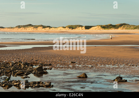 Walker sur la plage sur la côte ouest de l'Irlande à la lumière de l'été en soirée Banque D'Images