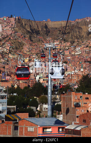 La Paz, Bolivie. 16 Juin, 2014. Gondoles sous la forme d'un voyage de football sur la nouvelle télécabine / système de télécabine reliant La Paz et El Alto. Plusieurs gondoles ont été changées pour un design de football pour célébrer la Coupe du Monde de 2014 qui se tient actuellement au Brésil. La première des trois lignes de tramway a été inauguré le 30 mai 2014, au total, ils formeront le plus long et le plus haut téléphérique urbain système dans le monde. Credit : James Brunker / Alamy Live News Banque D'Images