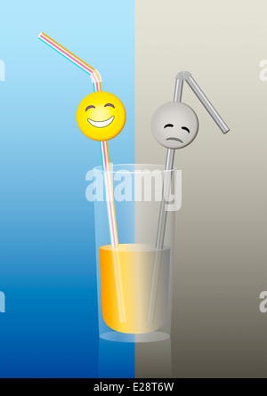 À moitié plein ou à moitié vide avec un verre et un smiley heureux smiley triste sur des pailles, une métaphore de la pensée positive et négative. Banque D'Images