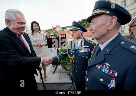 Prague, mardi. 17 Juin, 2014. Le Président tchèque Milos Zeman, gauche, salue les anciens combattants de guerre Emil Bocek, deuxième à partir de la droite, et Alois Dubec, droit, à la réception pour célébrer l'anniversaire de la reine Elizabeth II sur la terrasse de l'ambassade britannique à Prague, mardi, 17 juin, 2014. La célébration a été associée à la guerre tchécoslovaque remerciant des anciens combattants qui ont servi dans la Royal Air Force pendant la Seconde Guerre mondiale. Photo : CTK Vit Simanek/Photo/Alamy Live News Banque D'Images