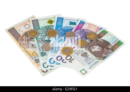 Ensemble de nouveaux billets et pièces polonais isolé sur fond blanc avec clipping path Banque D'Images