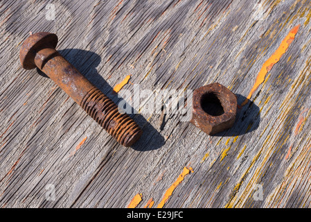 D'écrous et de boulons rouillés sur contreplaqué altérés dans la gare de triage du Sumpter Valley Railroad, l'Est de l'Oregon. Banque D'Images