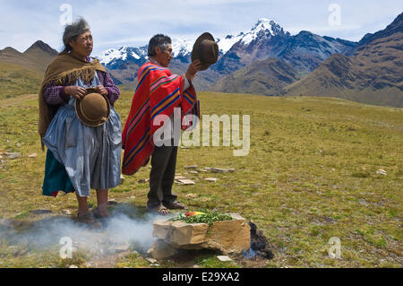 La Bolivie, la cordillère Apolobamba, cérémonie kallawaya d'offrandes à la Pachamama, ou pago (paiement), sur un pâturage à 3800 m Banque D'Images