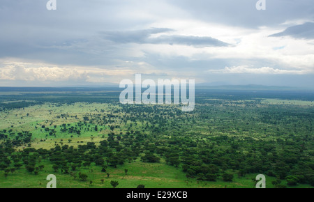 Paysage aérien autour de la Forêt impénétrable de Bwindi en Ouganda (Afrique) dans l'ambiance trouble Banque D'Images